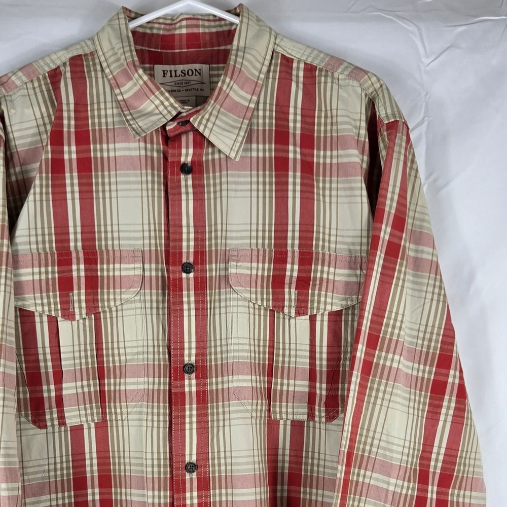 Filson Mens Red Tan Plaid Cotton Button Down Long Sleeve Work Shirt Large
